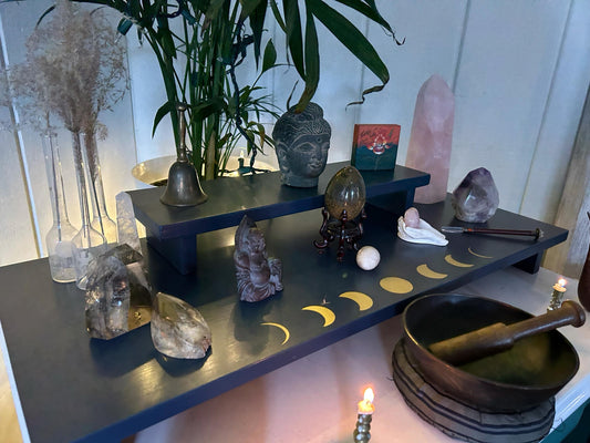 Moon Phases Large 2 Tier Meditation Table (30” x 12” base - 18” x 5 1/4” top) spiritual Altar - Shrine - Prayer Center -  Re-incarnated wood
