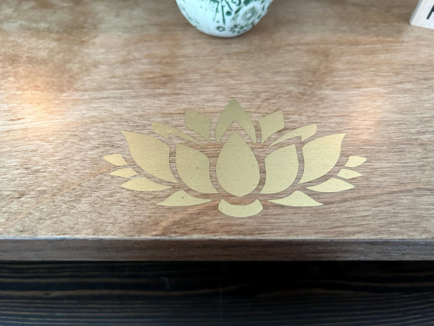 Golden Lotus Altar 2 Tiered (24” x 10” base 16” x 4” top) spiritual Altar Shrine Prayer Center  Medium/Dark Stain - Re-incarnated wood