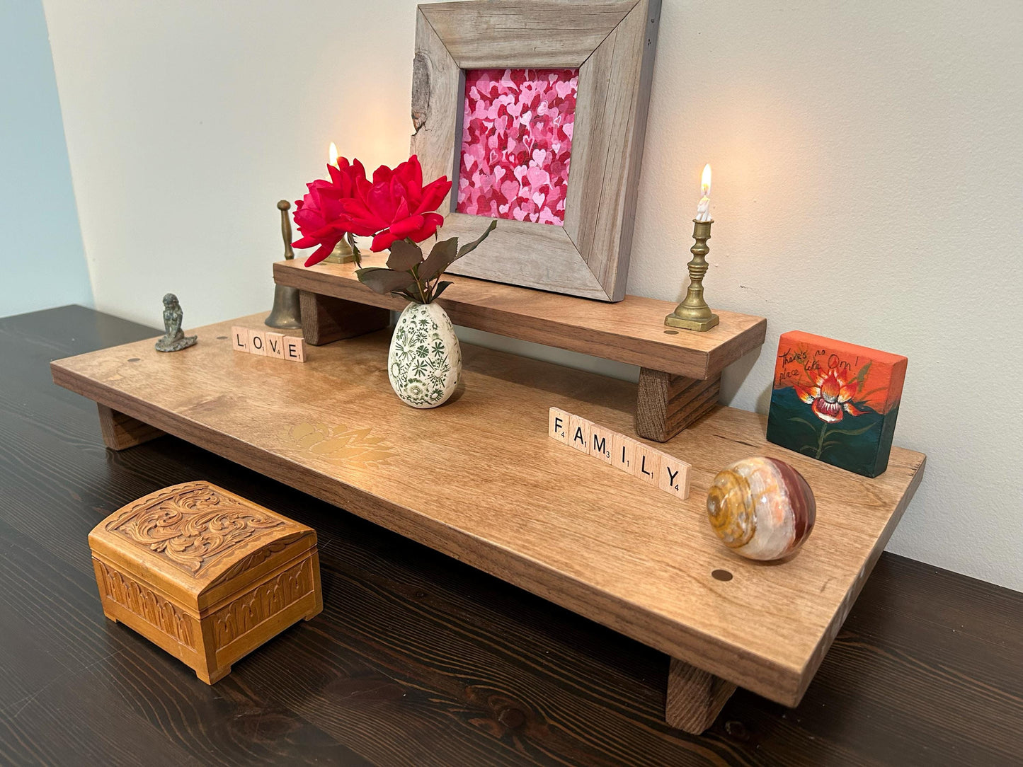 Golden Lotus Altar 2 Tiered (24” x 10” base 16” x 4” top) spiritual Altar Shrine Prayer Center  Medium/Dark Stain - Re-incarnated wood