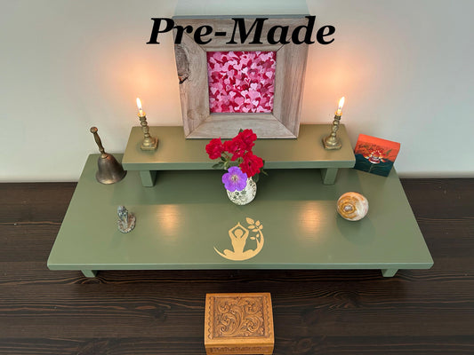 Yoga Girl Altar 2 Tiered 24” x 10” base 16” x 4” top spiritual Altar - Shrine - Painted with gold Yoga Girl Stencil - Re-incarnated wood
