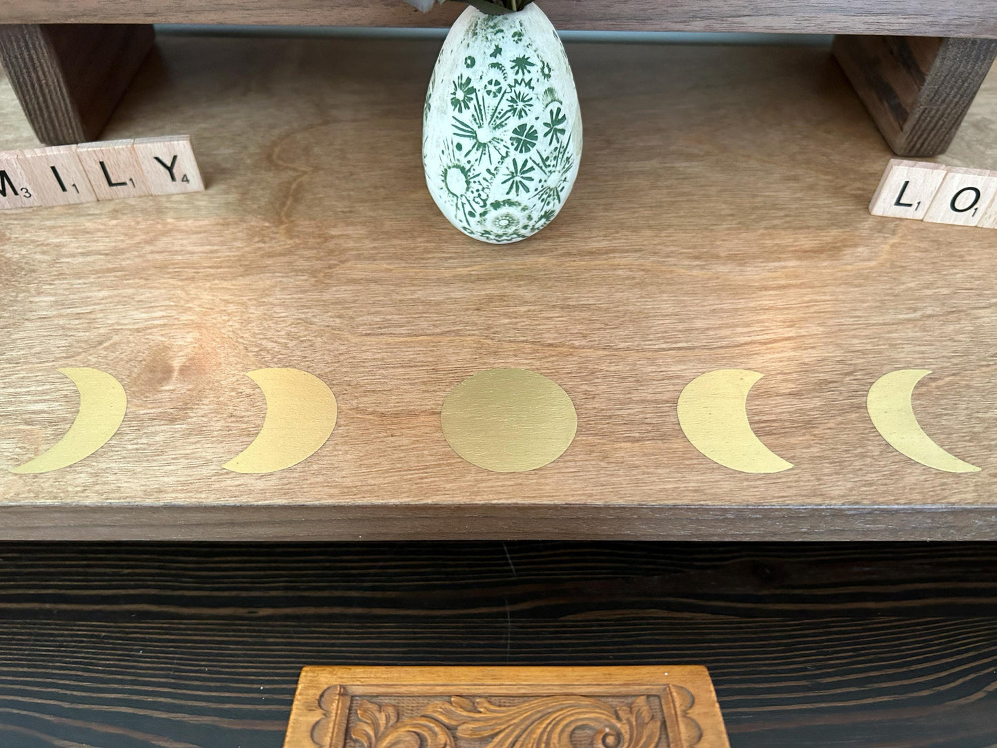 Gold Moons Altar 2 Tiered (24” x 10” base 16” x 4” top) spiritual Altar Shrine Prayer Center  Medium/Dark Stain - Re-incarnated wood