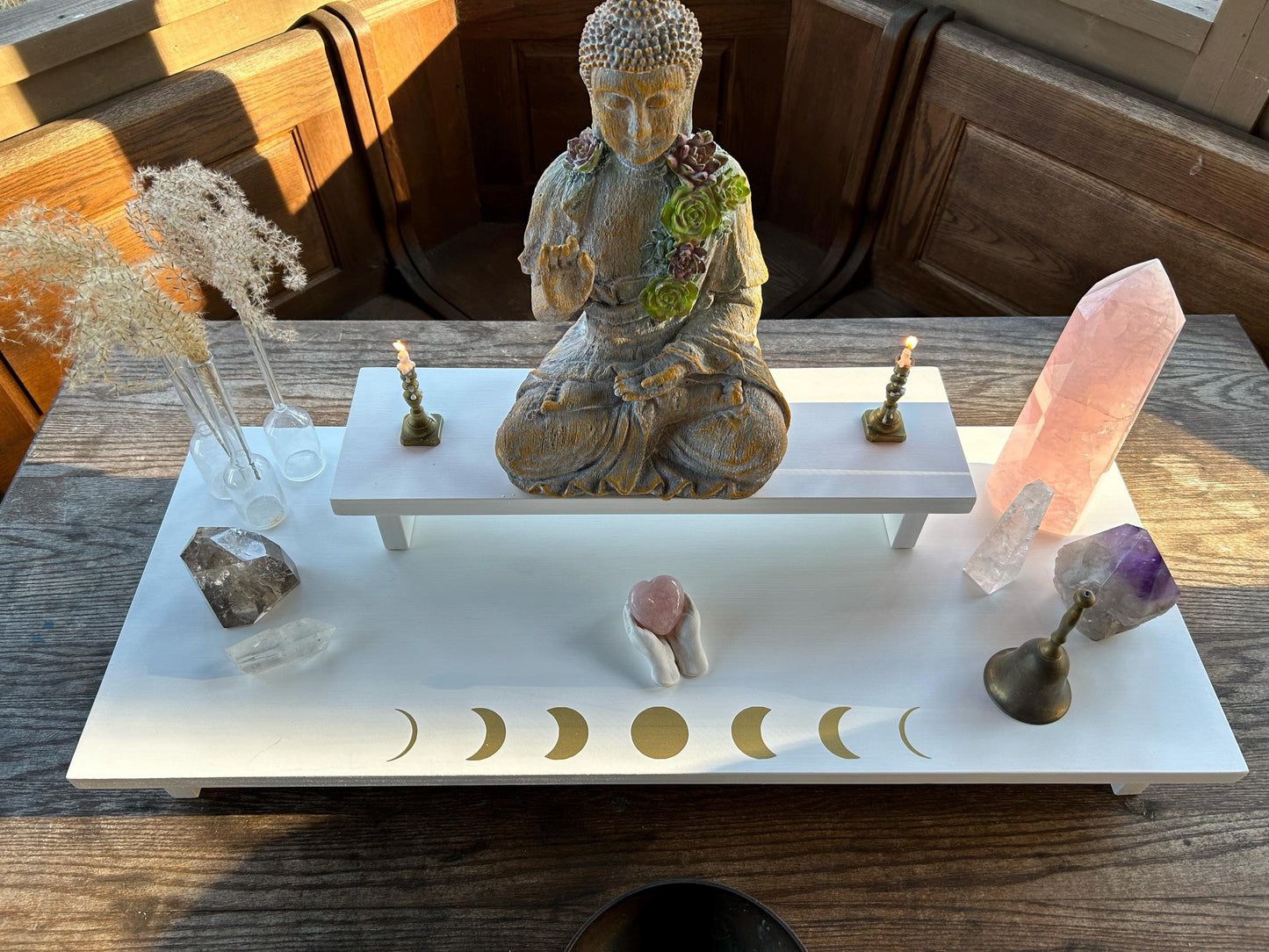 Moons 2 Tier Large Meditation Table (30” x 12” base - 18” x 5 1/4” top) spiritual Altar - Shrine - Prayer Center -  Re-incarnated wood