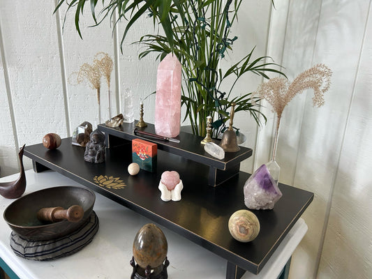 Lotus 2 Tier Large Meditation Table (30” x 12” base - 18” x 5 1/4” top) spiritual Altar - Shrine - Prayer Center -  Re-incarnated wood