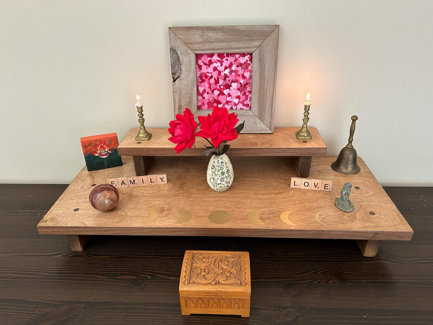 Gold Moons Altar 2 Tiered (24” x 10” base 16” x 4” top) spiritual Altar Shrine Prayer Center  Medium/Dark Stain - Re-incarnated wood