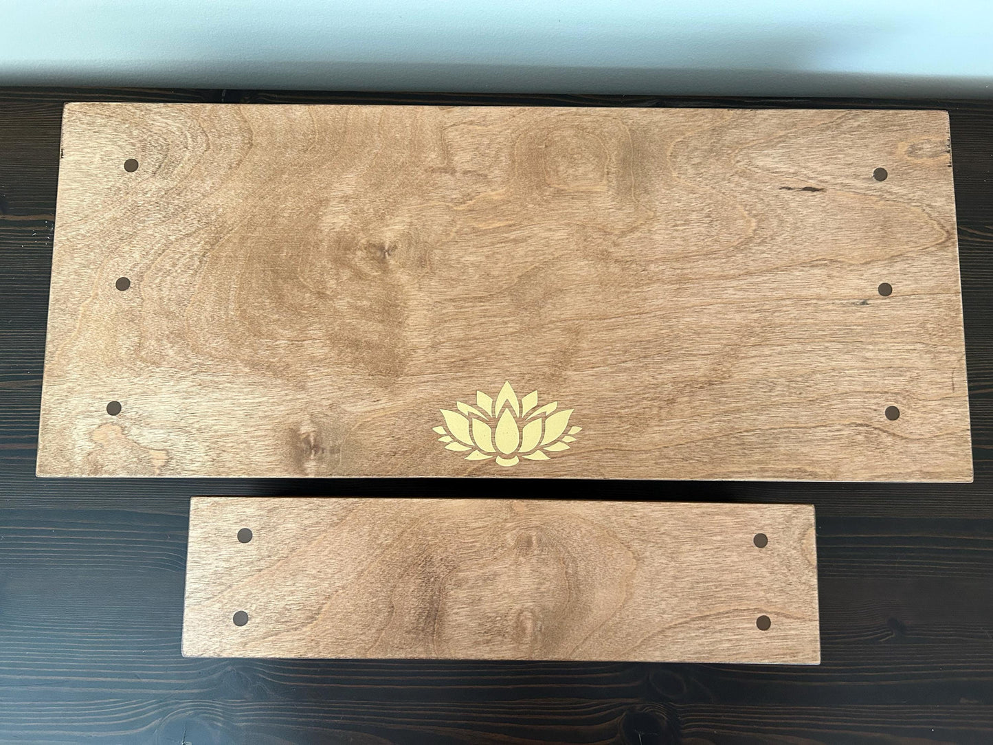 Golden Lotus Altar 2 Tiered (24” x 10” base 16” x 4” top) spiritual Altar Shrine Prayer Center  Medium/Dark Stain - Re-incarnated wood