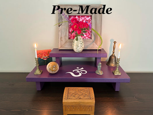 Purple Altar 2 Tiered SMALL With White Om Symbol (16” x 7 1/4” base) spiritual Altar - Shrine - Goddess Alter Painted Re-incarnated wood