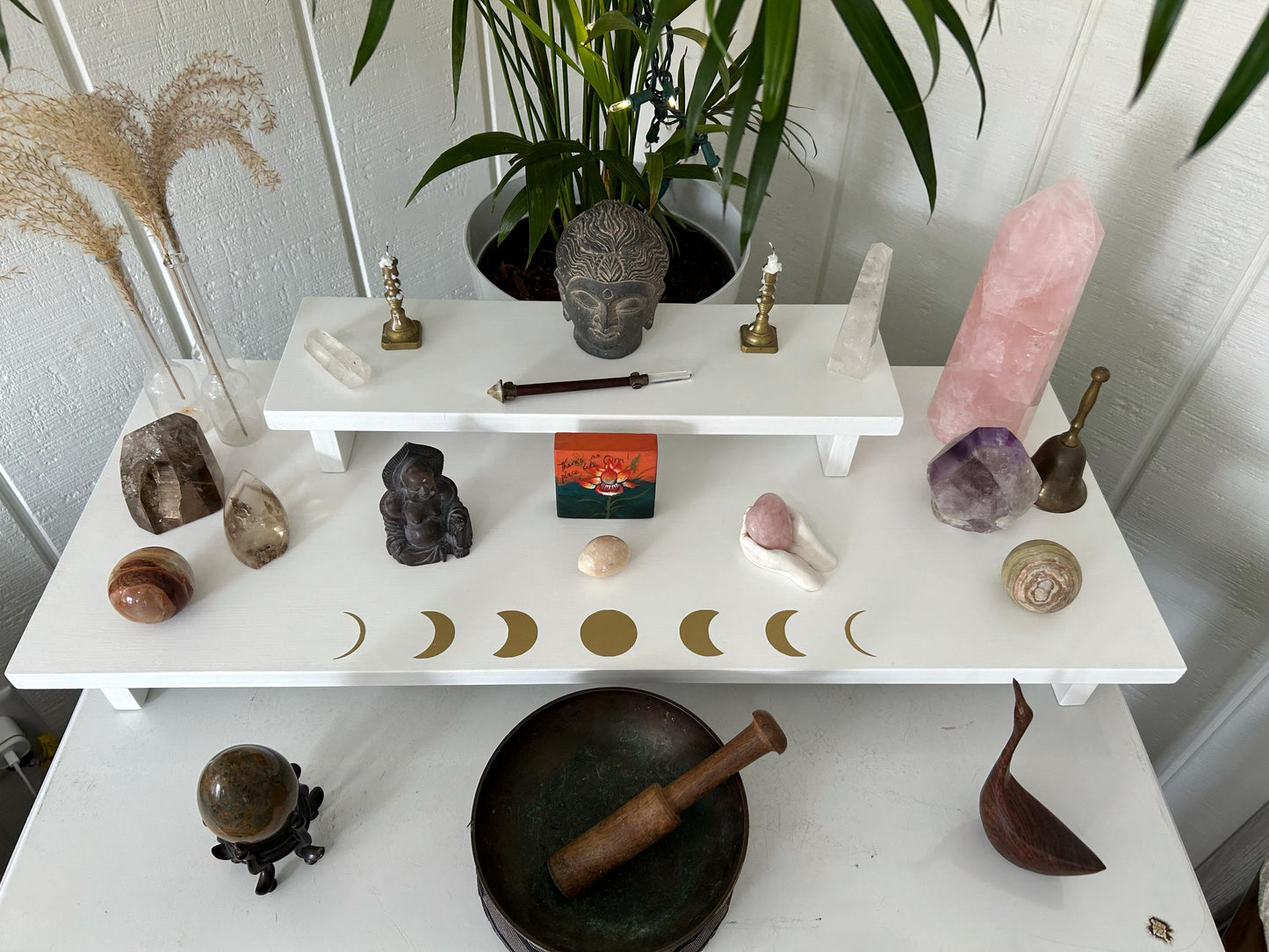 Moons 2 Tier Large Meditation Table (30” x 12” base - 18” x 5 1/4” top) spiritual Altar - Shrine - Prayer Center -  Re-incarnated wood