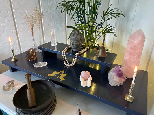 Buddha in the Lotus Large 2 Tier Meditation Table (30” x 12” base - 18” x 5 1/4” top) spiritual Altar - Shrine - Prayer Center -  Re-incarnated wood