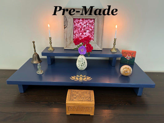 Golden Lotus Altar 2 Tiered 24” x 10” base 16” x 4” top spiritual Altar - Shrine - Blue with Gold Sun Symbol Stencil - Re-incarnated wood