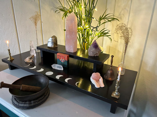Moons Large 2 Tier Meditation Table (30” x 12” base - 18” x 5 1/4” top) spiritual Altar - Shrine - Prayer Center -  Re-incarnated wood