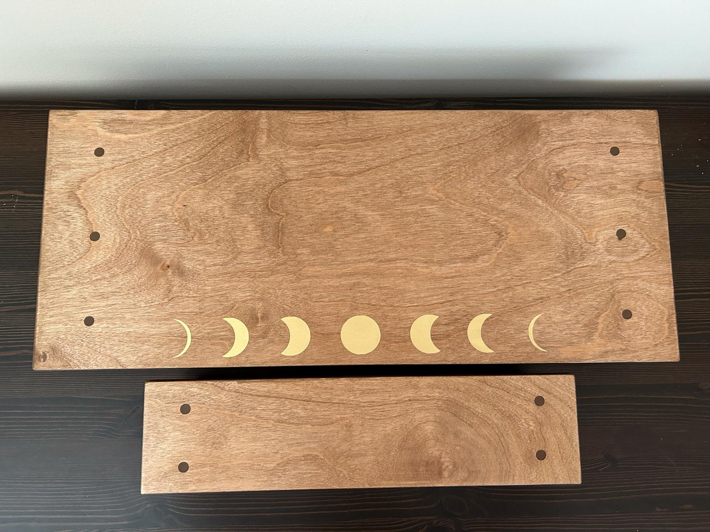 Gold Moons Altar 2 Tiered (24” x 10” base 16” x 4” top) spiritual Altar Shrine Prayer Center  Medium/Dark Stain - Re-incarnated wood