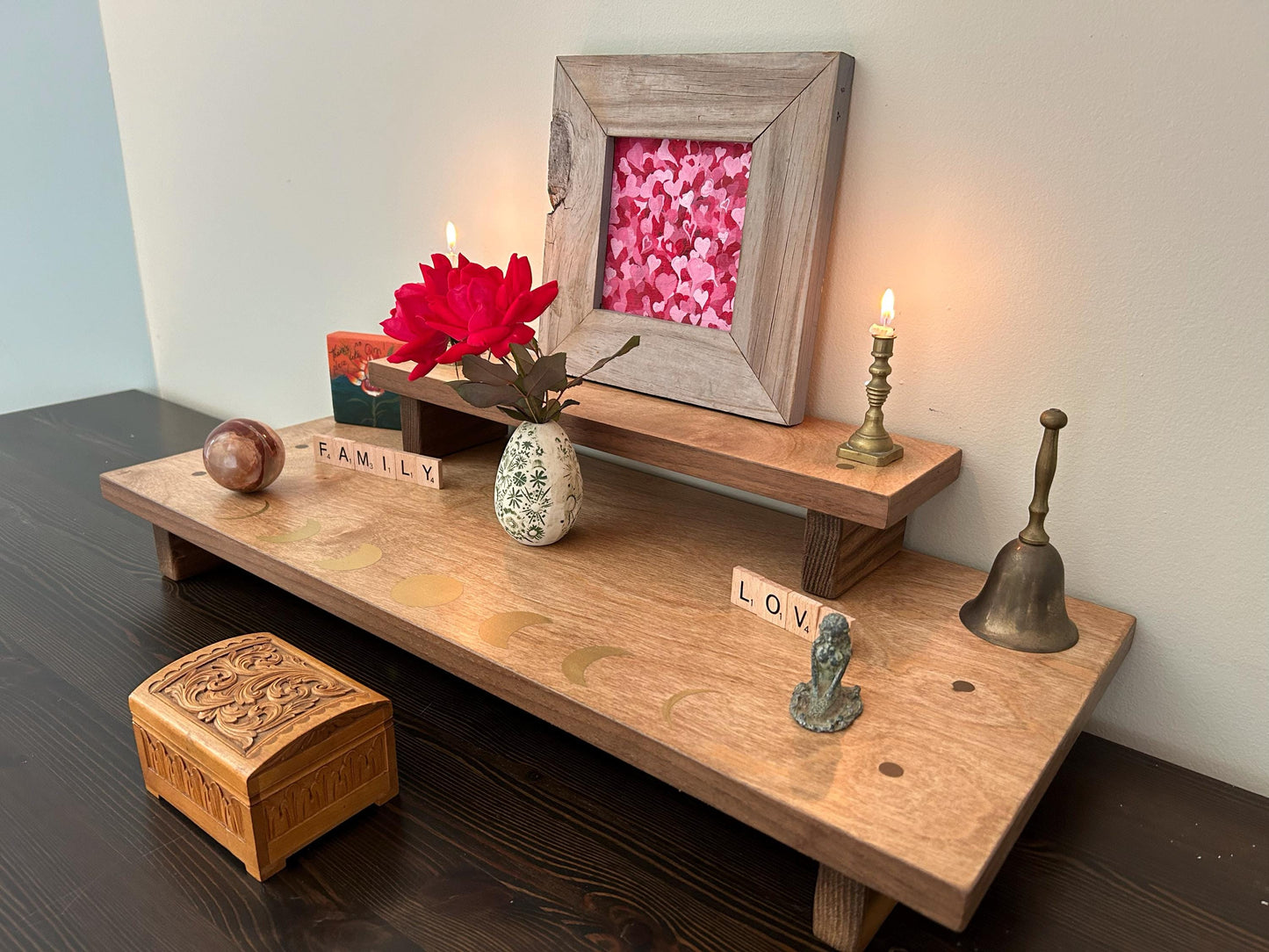 Gold Moons Altar 2 Tiered (24” x 10” base 16” x 4” top) spiritual Altar Shrine Prayer Center  Medium/Dark Stain - Re-incarnated wood