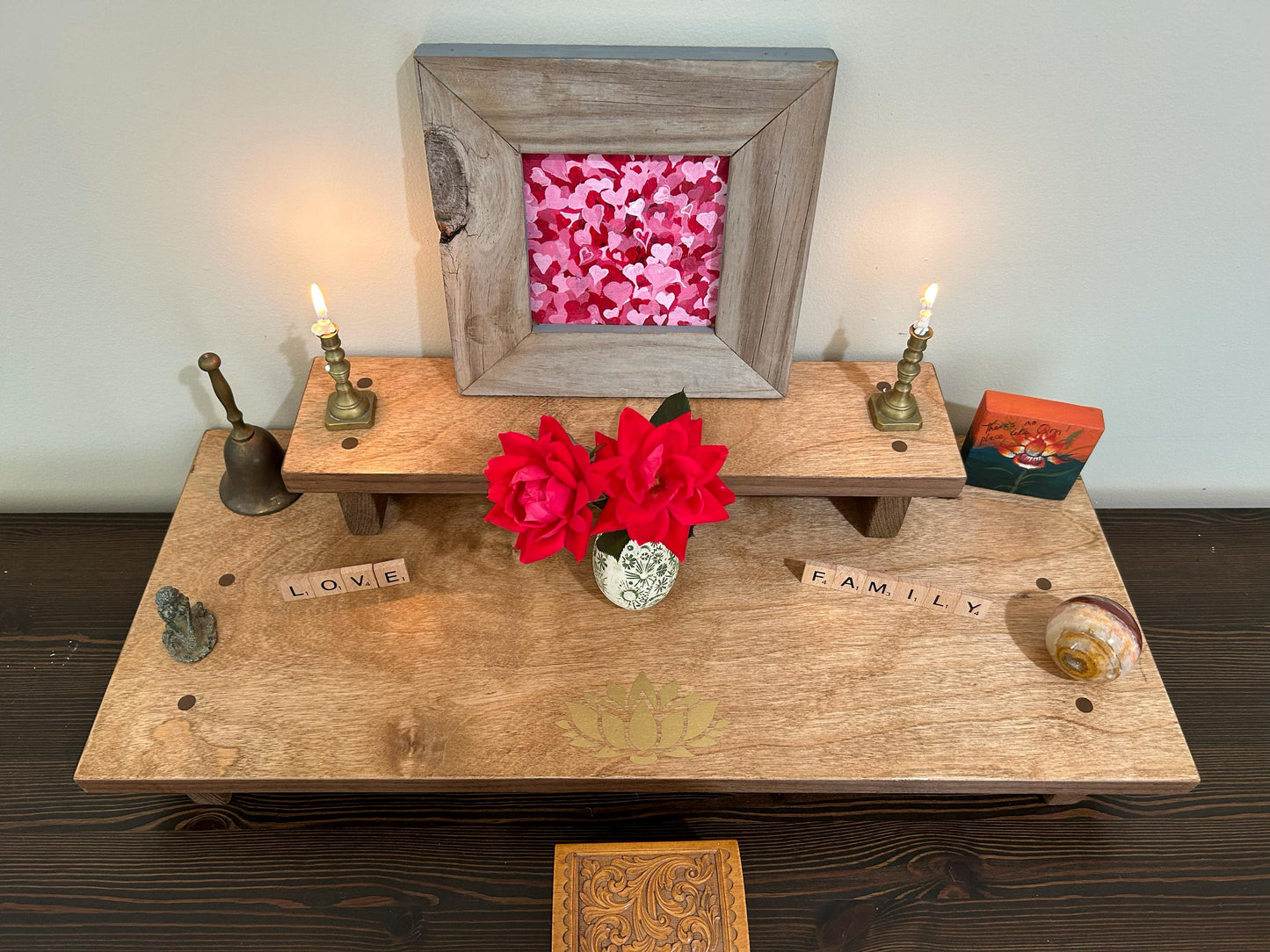Golden Lotus Altar 2 Tiered (24” x 10” base 16” x 4” top) spiritual Altar Shrine Prayer Center  Medium/Dark Stain - Re-incarnated wood