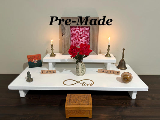 Golden Infinite Love Altar White 2 Tiered 24” x 10” base 15 1/4” x 4” top spiritual Altar - Shrine - Re-incarnated wood